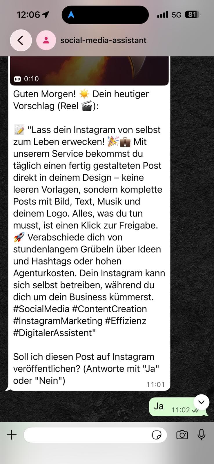 Freigabe des Instagram-Posts per WhatsApp mit einer kurzen Antwort