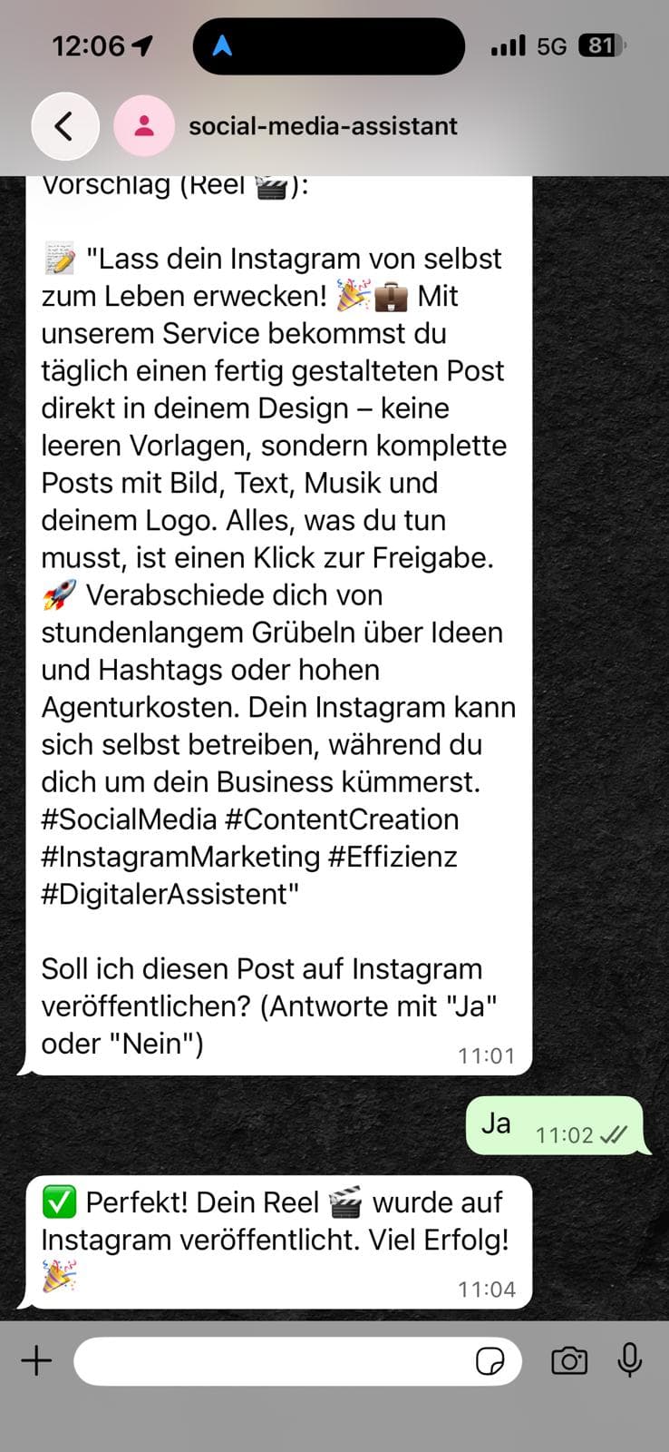Bestätigung in WhatsApp, dass der Instagram-Post veröffentlicht wurde